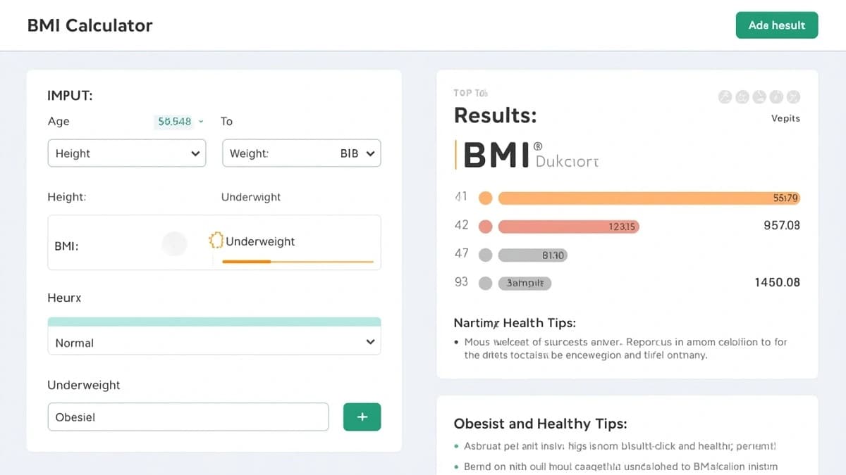 Health and fitness infographic showing BMI calculator results with body types and health recommendations